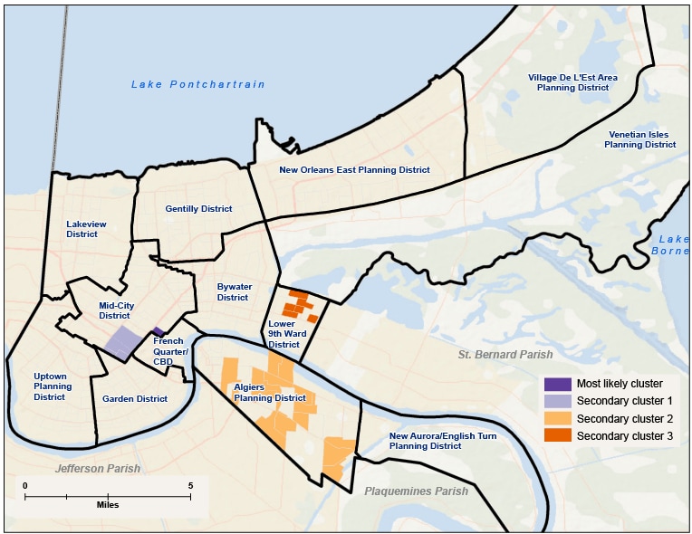Clusters of hospitalizations for substance abuse disorders at the block group level calculated by using the discrete Poisson model with sex and age group as covariates, New Orleans, 2008. The most likely cluster was the eastern corner of Mid-City (relative risk [RR] 831.23). The next highest, in order, were the north corner of the Lower 9th Ward (RR = 11.91), Algiers (RR = 0.40), and the southeast corner of Mid-City (RR = 23.38). 
