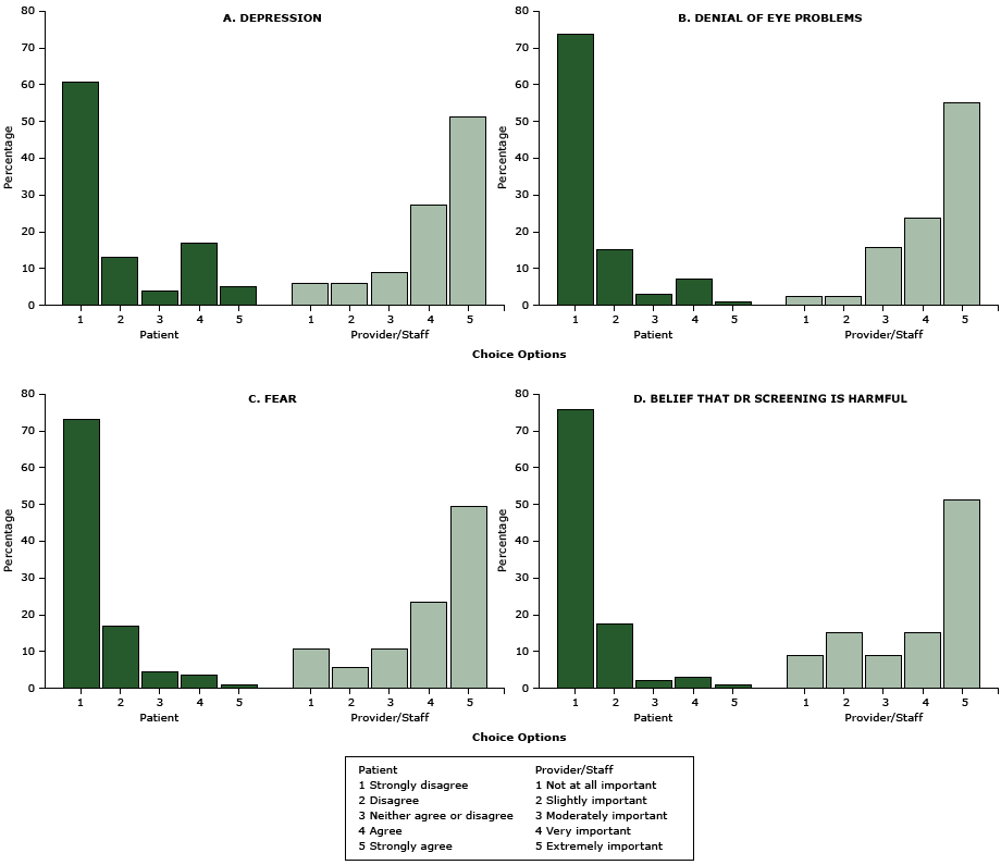 Perceived potential internal barriers to diabetic retinopathy screening, Los Angeles, California, 2014–2015. Patients were asked to rate reasons that “would delay or prevent you from getting your screening/test for diabetic eye disease.” Health care providers and their staffers were asked to rate “how important it is to address the following potential barriers for patients to receive retinal eye screening” at the clinic. All P < .001. Barriers are ordered in descending order by how frequently they were identified by patients. Abbreviation: DR, diabetic retinopathy.