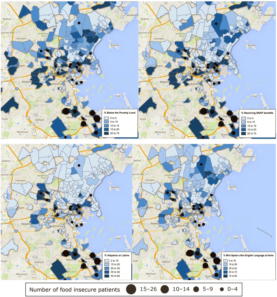 Intensity maps of sociodemographic variables at the census tract level with overlapping data on the number of food insecure women residing in each census tract, Boston metropolitan area, 2013â€“2015. Abbreviation: SNAP, Supplemental Nutrition Assistance Program.