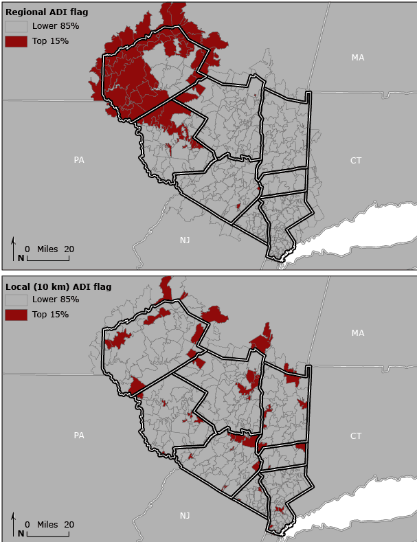 Regional versus local variation in the area deprivation index (ADI) in the Hudson Valley of New York. Dichotomized ADI values were calibrated on the basis of regional and local 10-km scales by zip code tabulation area.
