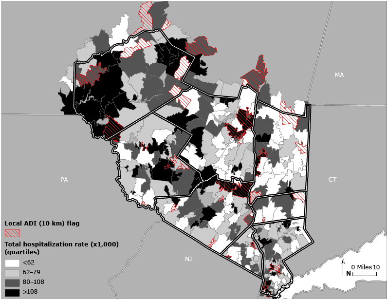 Local area deprivation index (ADI) values versus total hospitalization rate, Hudson Valley, New York. Zip code tabulation areas are indicated with cross hatching to depict local 10-km ADI values above the 15% threshold. Total hospitalization rates (1999–2000) are shown in quartiles. Maps of other health outcomes are available from the author upon request.