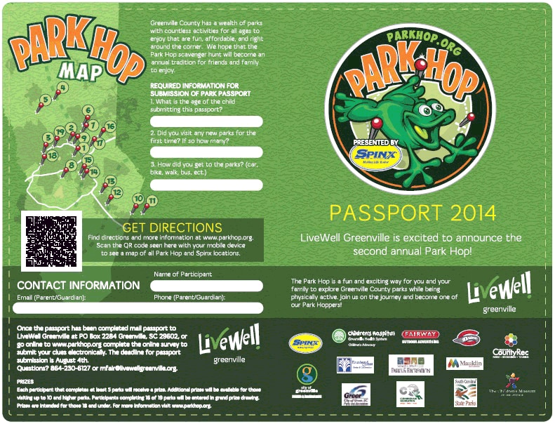  The Park Hop passport (front) used by children and adolescents to answer questions posed by clues placed in parks in Greenville County, South Carolina, 2014.
