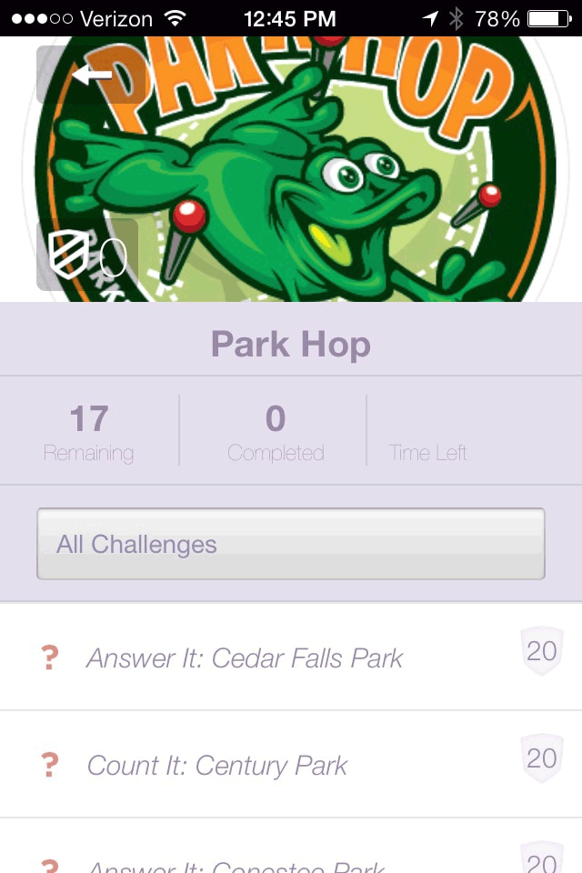 Screenshot of the list of parks included in the scavenger hunt, Park Hop mobile app, Greenville County, South Carolina, 2014.