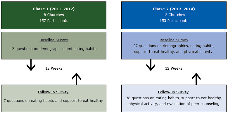  Project Design for the Body and Soul Program in the Twin Cities, Minnesota, from 2011–2014. The project was conducted in 2 phases. Phase 2 was initiated midway during the project after additional questions (based on consultant’s recommendation) were added to the surveys. There were 12 weeks between baseline and follow-up surveys in both phase 1 and phase 2.