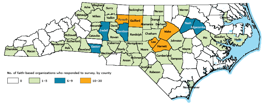 Counties represented by the faith communities that responded to the survey on sharing facilities for physical activity, North Carolina, 2013.
