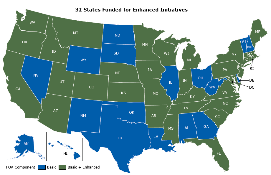 A map illustrating the level of award states received for the State Public Health Actions cooperative agreement.