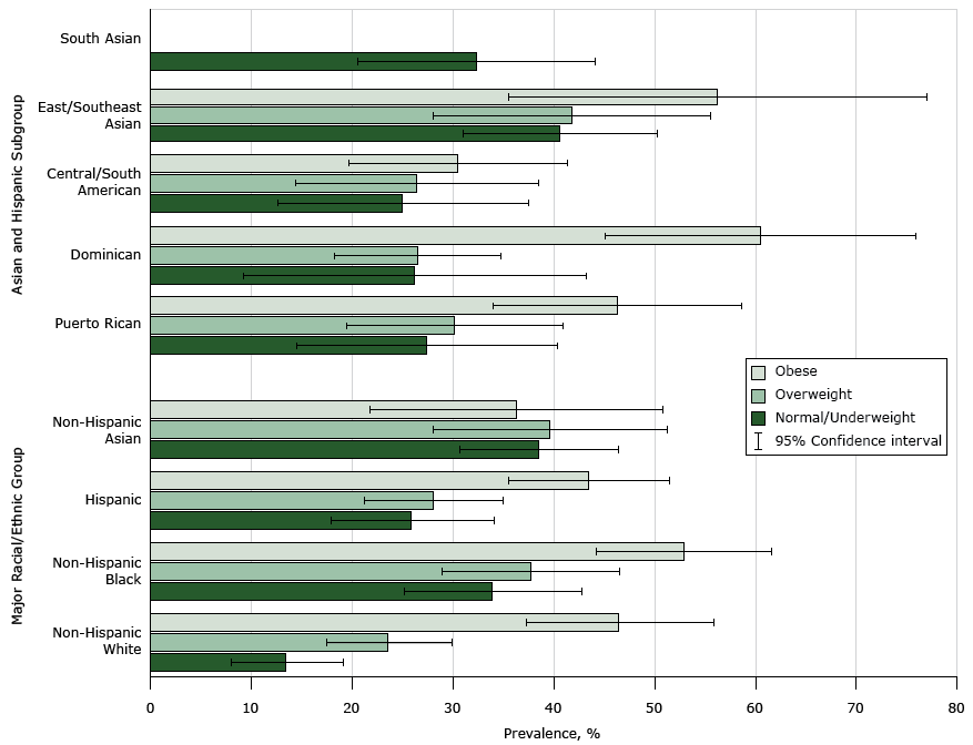 Prevalence of age standardized hypertension by major racial/ethnic group, Hispanic and Asian subgroups, and body mass index, New York City Health and Nutrition Examination Survey, 2013–2014. Relative standard errors for estimates were <30% for all races and ethnicities, except normal/underweight Dominicans (33%). We could not produce reliable estimates for South Asians in the overweight and obese categories, so no bars appear for those categories. 