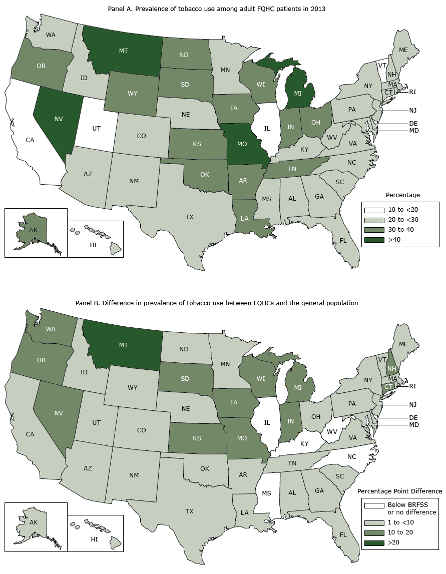 16_0510_01.gif Federally qualified health center (FQHC) tobacco use prevalence and differences between FQHC and state-level estimates. Panel A shows the US prevalence of tobacco use among adult FQHC patients in 2013; panel B shows the differences in prevalence of tobacco use between FQHCs and the general population. Sources: Uniform Data System, 2013 (Panels A and B), and Behavioral Risk Factor Surveillance System, 2013 (Panel B).