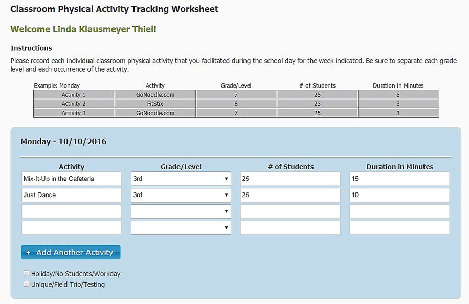 Screenshot of classroom-based physical activity tool.