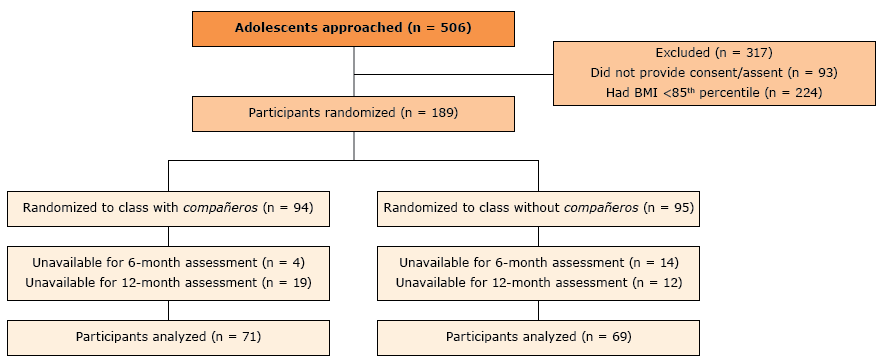 CONSORT diagram illustrating the flow of participants through the study, an obesity prevention intervention using compañeros, Houston, Texas, 2013–2016. Participants included in the main analysis had baseline, 6-month, and 12-month assessment data. Abbreviation: CONSORT, the Consolidated Standards of Reporting Trials.