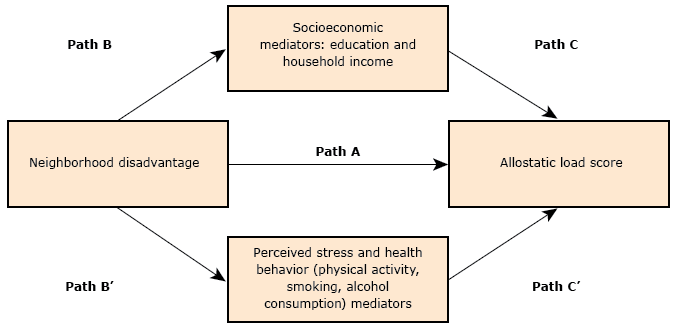 Hypothesized pathways mediating relationships between neighborhood disadvantage and allostatic load.