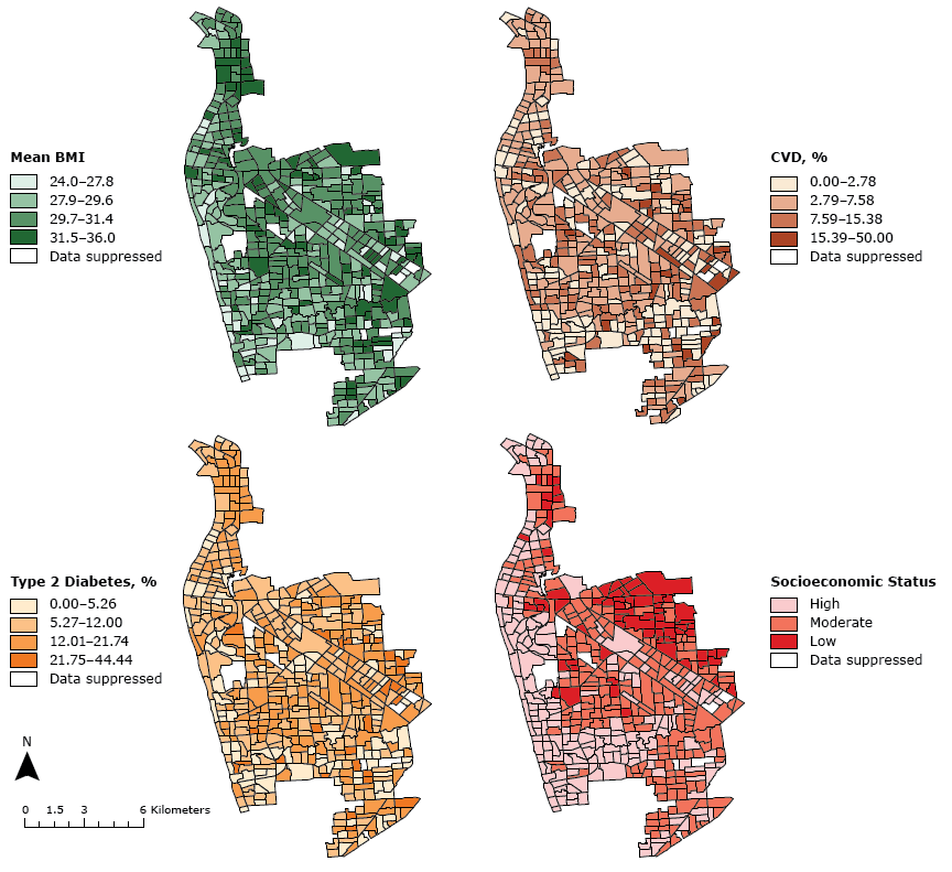 Regional variation of mean body mass index (BMI) (as calculated by clinical measurements of an individual’s weight and height [kg/m2]), cardiovascular disease event (CVD) diagnosis (%), type 2 diabetes diagnosis (%), and socioeconomic status, by Australian Bureau of Statistics Statistical Area Level 1 region, in western Adelaide, South Australia. 