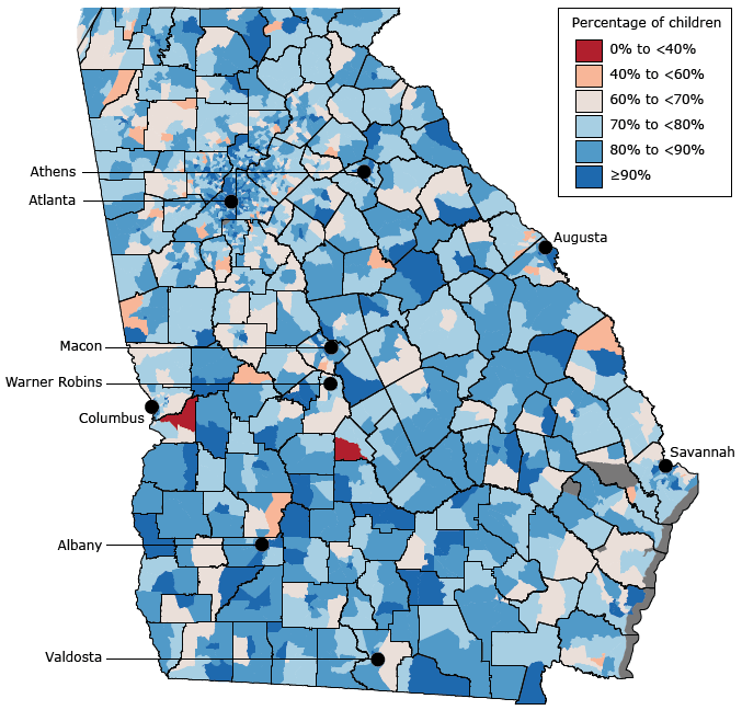 Percentage of children with financial access to preventive dental care in each census tract. Financial access is the percentage of children who either are eligible for public insurance or have the ability to afford dental care through commercial insurance or ability to pay out-of-pocket.
