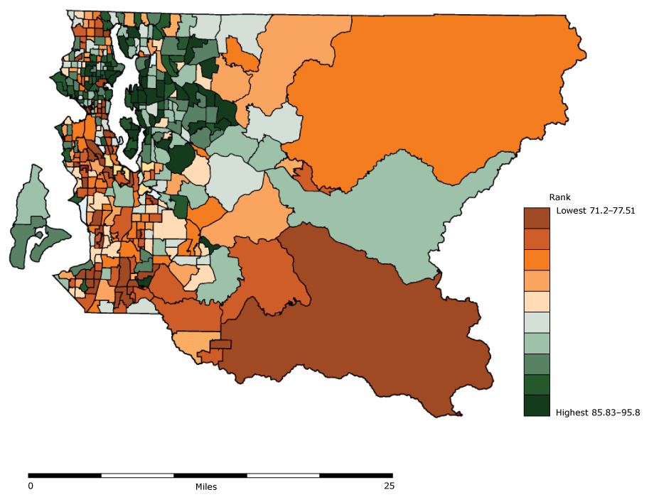 Estimated life expectancy at birth by census tract in King County, Washington, based on 2008–2012 mortality data.