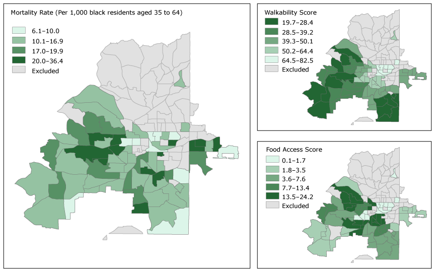 Premature cardiovascular disease (CVD) mortality rate, walkability score, and food access score among black residents, Atlanta, Georgia, 2010–2014. Walkability score is on a scale of 0 to 100, and a higher walkability score indicates worse walkability. Food access scores range from 0 to 100, and a low score indicates better food access. Premature CVD mortality rates are presented in quintiles; these mortality rate categories are common to both Figure 1 and Figure 2 so the maps can be directly compared. Food access scores and walkability scores are presented in quintiles; these categories are also common to both Figure 1 and Figure 2 so the maps can be directly compared. 