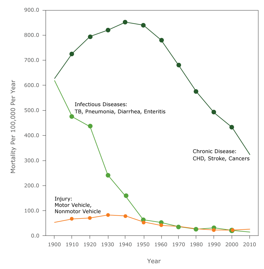 Age-adjusted death rates for chronic, infectious disease, unintentional injury among all females, United States, 1900–2010. Selected chronic conditions include heart disease, stroke, and cancers combined; selected infectious diseases include influenza and pneumonia, TB, and enteritis and diarrhea combined; unintentional injuries includes unintentional motor vehicle and nonmotor vehicle injuries combined. Abbreviations: CHD, coronary heart disease; TB, tuberculosis.