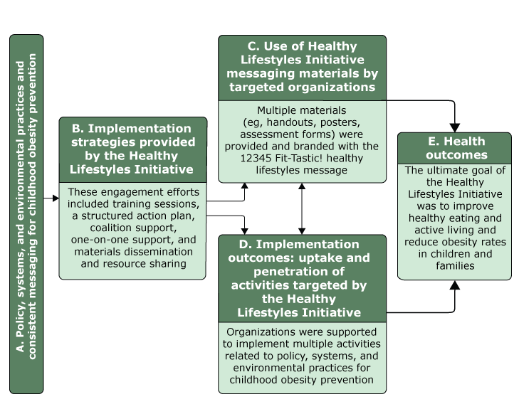 Conceptual model of the Healthy Lifestyles Initiative, Kansas City, Missouri, and Kansas City, Kansas, 2016. Model was mapped to Proctor and colleagues’ implementation science framework (16). Health outcomes were not assessed in this study.