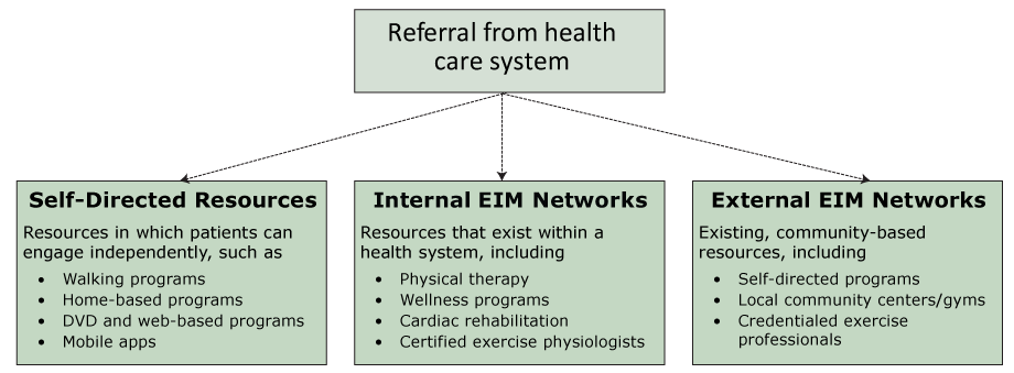 The “community” phase of the EIM Solution. The fourth step of the EIM Solution involves the linkage of patients from health care systems to a supportive network of physical activity programs, places, and professionals. These EIM networks may be developed by using existing programs and professionals internally within a health system or externally in the community setting or connecting patients to resources for self-directed management. The dashed lines indicate alternative pathways. Abbreviation: EIM, Exercise is Medicine.