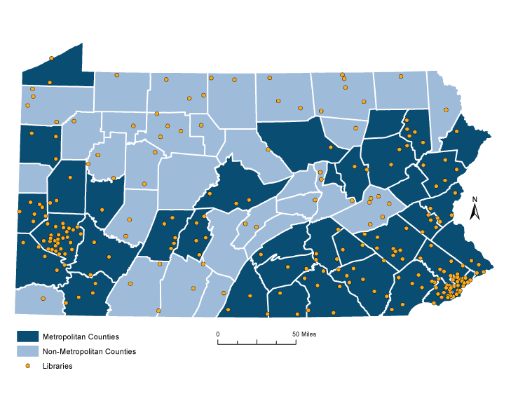 Pennsylvania public library survey respondents (N = 262) by metropolitan and nonmetropolitan area. Data sources include the Economic Research Service (https://www.ers.usda.gov/topics/rural-economy-population/rural-classifications/data-for-rural-analysis/), US Census, Pennsylvania Spatial Data Access (http://www.pasda.psu.edu/), and US ZIP Code Database.