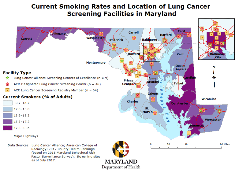 This map displays the locations of lung cancer screening facilities in Maryland and the estimated target population for lung cancer screening in each jurisdiction, based on current smoking rates (for 2015). Each location may have 1, 2, or all 3 types of screening facilities. Of the 119 screening facilities, 68 were unique. This map informed the Maryland Department of Health’s lung cancer screening pilot program by providing estimates of the eligible population for lung cancer screening by jurisdiction and showing areas with existing resources for lung cancer screening. Map created by Lisa D. Gardner on July 26, 2017. Abbreviation: ACR, American College of Radiology.