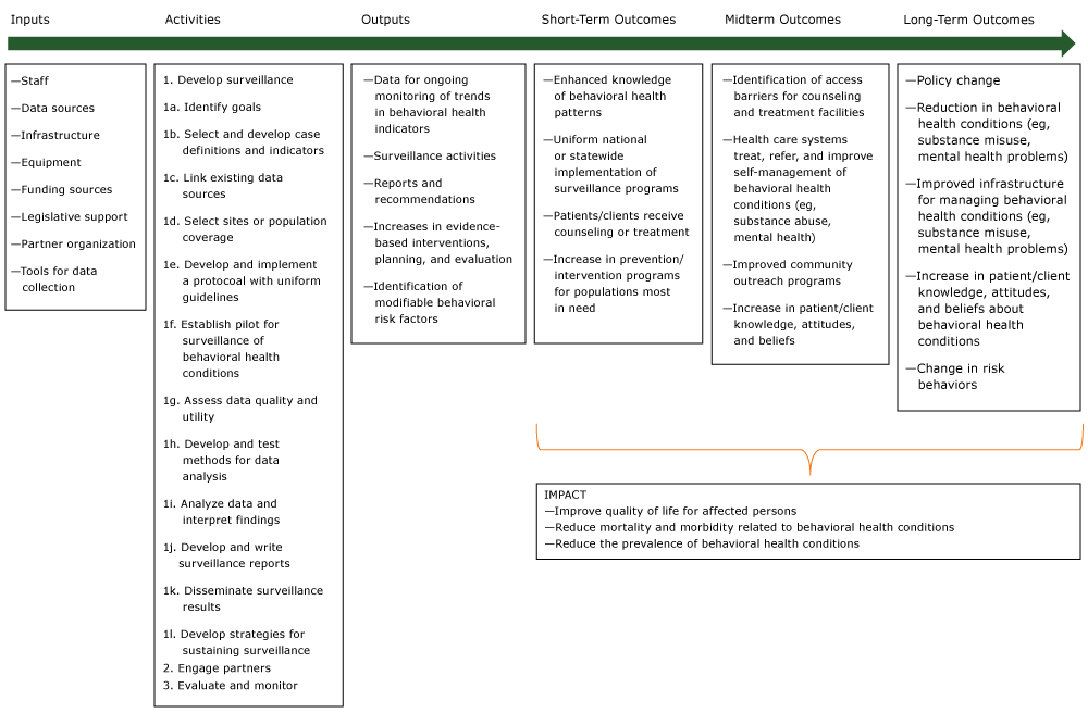 Logic model for behavioral health surveillance, adapted and used with permission from World Health Organization, Centers for Disease Control and Prevention, and International Clearinghouse for Birth Defects Surveillance and Research. Source: Birth defects surveillance: a manual for program managers. Geneva (CH): World Health Organization; 2014. 
