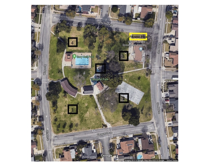 Aerial map of Eastgate Park, Garden Grove, 2015. Researchers divided the park into 5 target areas. Target area 3 encompasses the site of the fitness zone, which was installed in December 2015. Image obtained from Google Maps