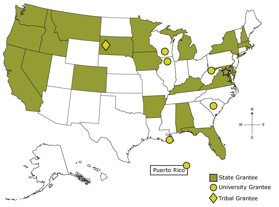 Map Showing Grantees of CDC’s Colorectal Cancer Control Program, Program Year 1, July 2015 through June 2016. Abbreviation: CDC, Centers for Disease Control and Prevention.