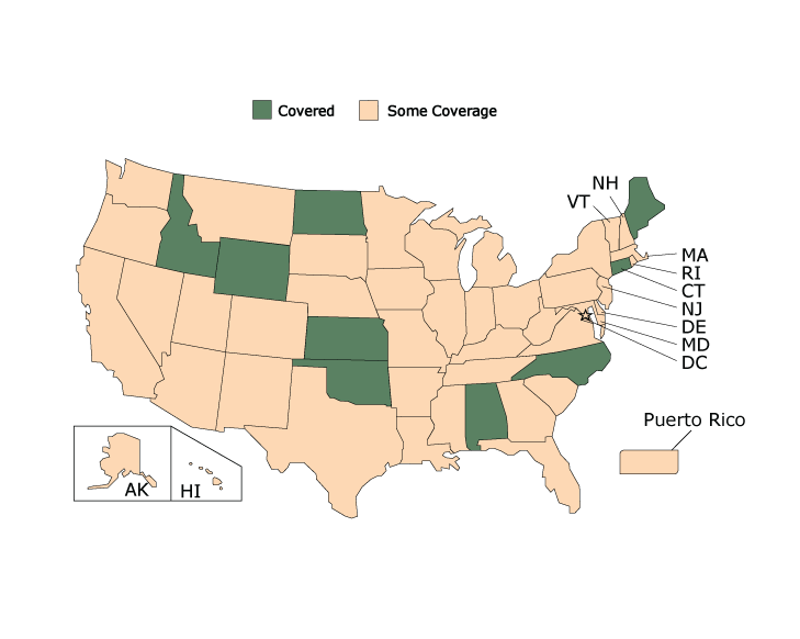 State Medicaid Coverage for Controller Medications, American Lung Association’s Asthma Guidelines-Based Care Coverage Project, 50 US States, the District of Columbia, and Puerto Rico. Data collected as of June 30, 2017. All states were either covered or had some coverage; no states were covered without barriers or had no coverage.