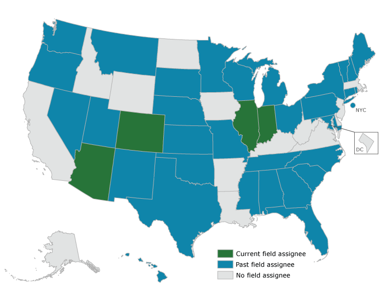 States that have hosted an assignee through the Centers for Disease Control and Prevention’s State Chronic Disease Epidemiology Assignee Program, 1991–2018. The program has benefited 36 states and New York City.