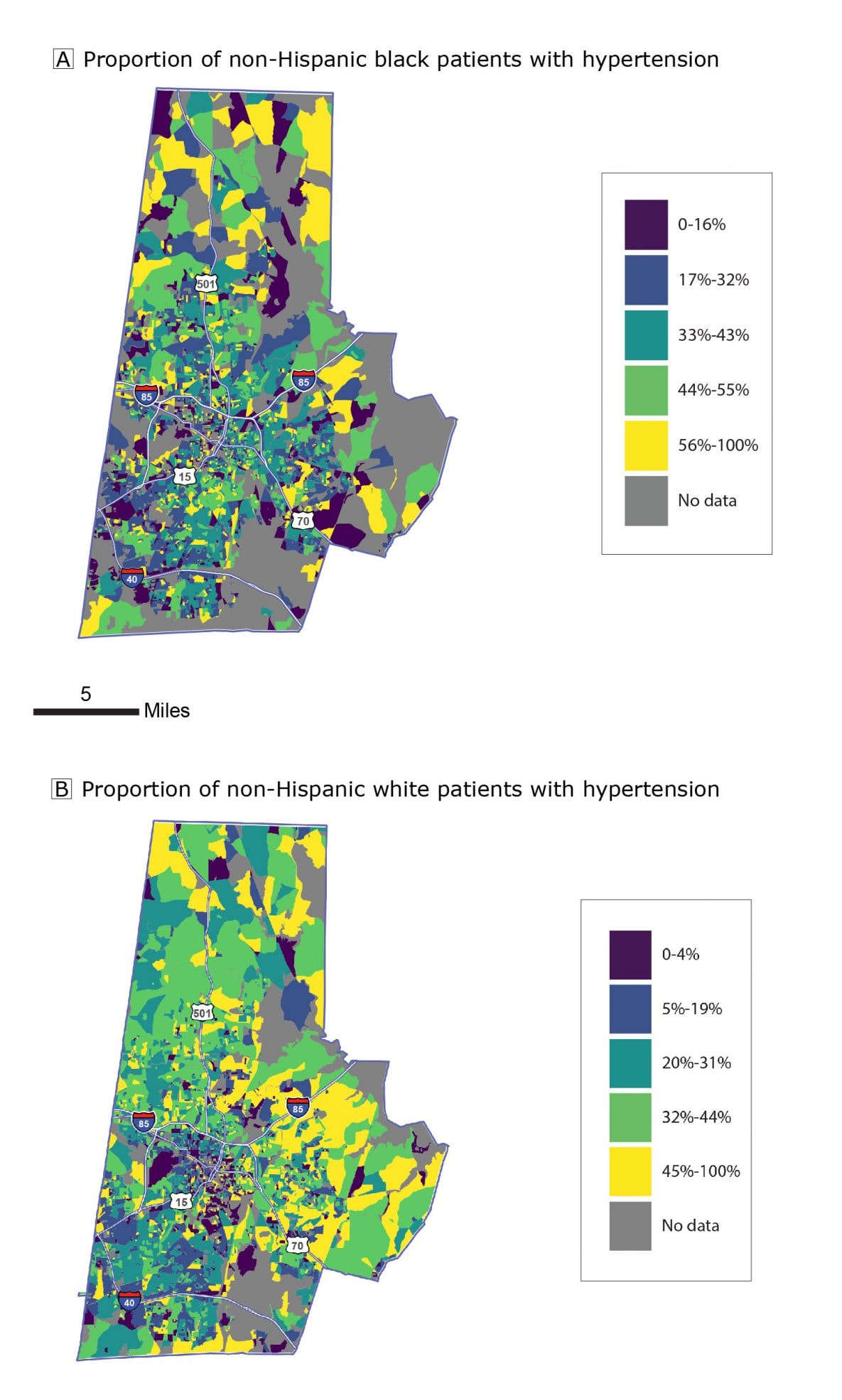 Proportion of patients with hypertension in 2010 Census blocks, by quintile, Duke Medicine Enterprise Data Warehouse patient data, Durham, North Carolina. A, Non-Hispanic black patients. B, Non-Hispanic white patients.