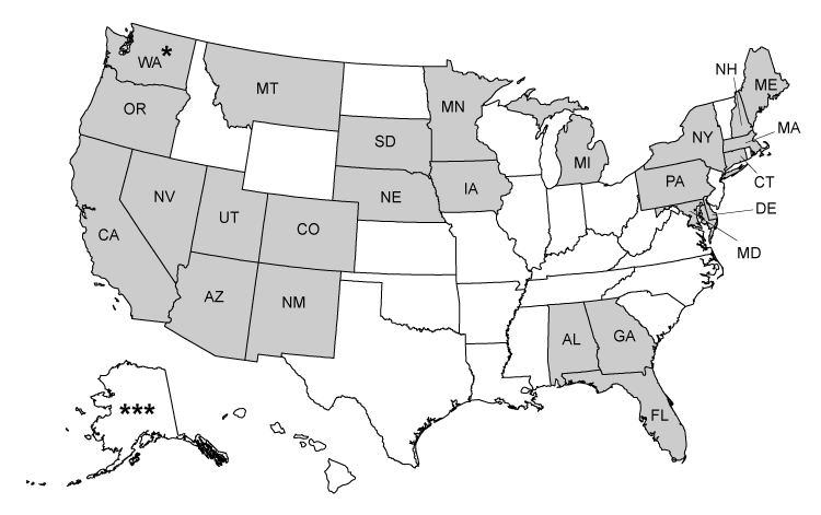 Twenty-nine grantees in the Centers for Disease Control and Prevention’s Colorectal Cancer Control Program, 2009–2015. Shading indicates a grantee state. An asterisk indicates a tribal grantee.