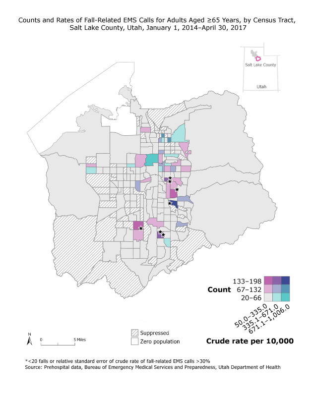 Fall injury counts among adults aged 65 years or older were highest in census tracts in southeast and southwest Salt Lake County. Fall injury rates among adults aged 65 years or older were highest in census tracts in north-central and southeast Salt Lake County. Most falls in these areas occurred in mixed-level senior living residences.