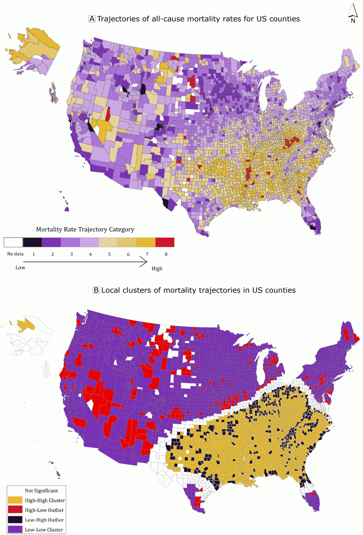 Trajectories of age-adjusted all-cause mortality in US counties using group-based trajectory models, 1999–2016. The outcome measure used to generate rate trajectories was the yearly, age-adjusted, all-cause mortality rate of the county. Panel A: Trajectories of all-cause mortality rates for US counties. Panel B: Local clusters of mortality trajectories in US counties detected by using local indicators of spatial association (LISA). The 4 categories of significant spatial clusters (P  < .05): 1) high–high clusters representing all counties with high mortality, the worst trajectory group; 2) high–low outliers representing counties in the worst trajectory groups near counties in the most favorable trajectory groups (at-risk counties doing worse than those around them); 3) low–high outliers representing counties in the best trajectory groups near counties in the worst trajectory groups (resilient counties doing better than those around them); and 4) low–low clusters of counties in the most favorable trajectory groups. Source: 1999–2016 Compressed Mortality File, Centers for Disease Control and Prevention (14).