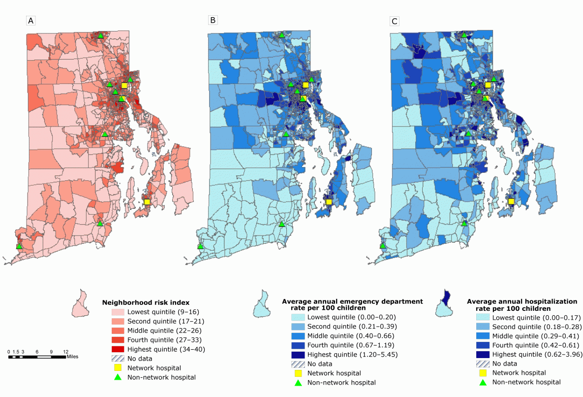 Distribution of quintiles of 3 measures used to assess the association between neighborhood risk and pediatric asthma hospital use among children aged 2 to 17 years (number of asthma emergency department [ED] visits or hospitalizations = 23,187), Rhode Island. A, Neighborhood risk index; the higher the index, the higher the prevalence of adverse socioeconomic and health-related factors, 2010–2014. B, Average annual emergency department visit rate per 100 children, 2005–2014. C, Average annual hospitalization rate per 100 children, 2005–2014. Data on neighborhood risk were collected from the 2010–2014 American Community Survey and the 2010 US Census. Data on emergency department visits and hospitalization were collected from a statewide hospital network administrative database, 2005–2014.