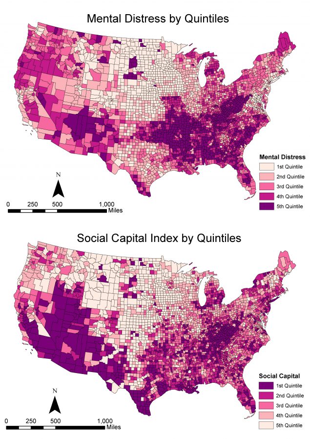 Spatial distribution of mental distress and social capital in the United States, County Health Rankings and Roadmaps, United States, 2018. Map A depicts county-level prevalence of mental distress, and Map B depicts the social capital index of counties.