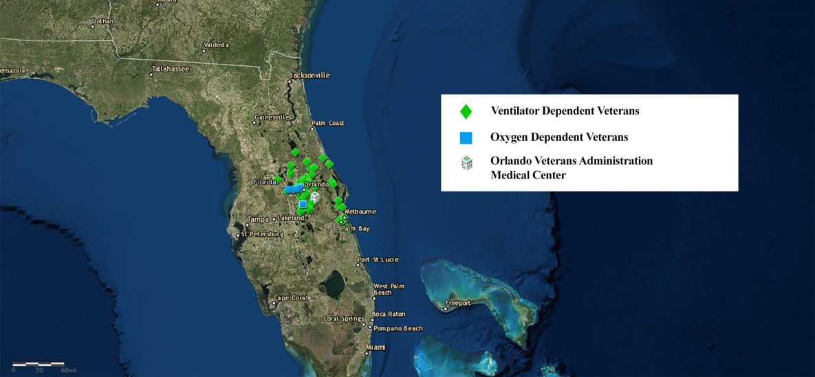 Oxygen-dependent and ventilator-dependent patients in home-based primary care, September 7, 2017. In preparation for Hurricane Irma, the nurse care manager, serving as the geographic information system mapmaker for the Orlando Veterans Health Administration Home Based Primary Care (OVAMC–HBPC) program, made maps for program leadership, including this map of oxygen-dependent and ventilator-dependent veterans. Leadership used these types of maps together with other clinical and care manager information in a dynamic process to make decisions regarding patient management in preparation for the storm. Map source: Portal for ArcGIS version 10.5 (2017) created for the Veterans Health Administration by Environmental Systems Research Institute. Additional Sources: Earthstar Geographics LLC, Environmental Systems Research Institute, HERE Technologies, Garmin.