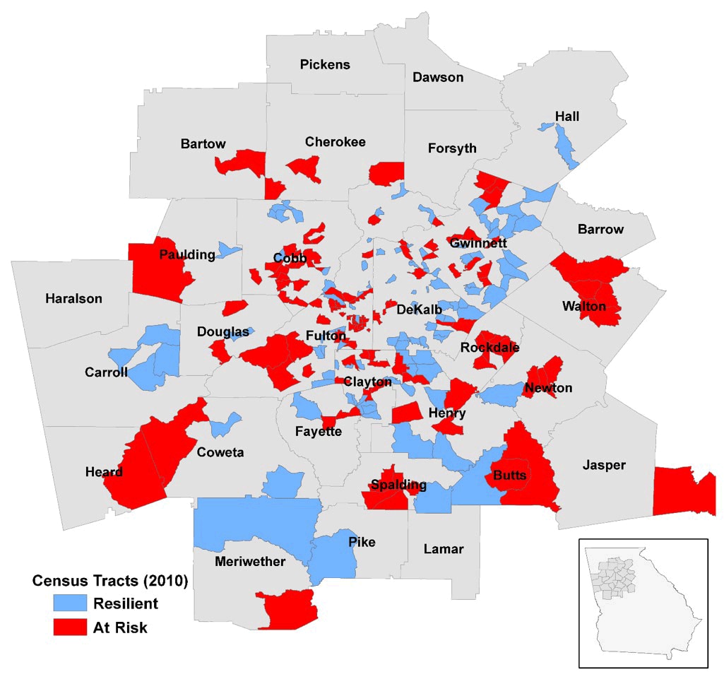 Study region of the Morehouse–Emory Cardiovascular Center for Health Equity project conducted in the Atlanta, Georgia, metropolitan area with 2010 census tract boundaries. Resilient and at-risk census tracts identified by the residual percentile method are indicated.