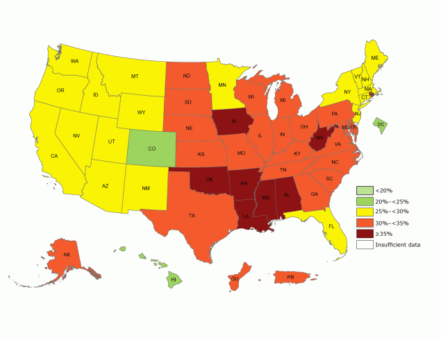 Prevalence of self-reported obesity among US adults, by state and territory, Behavioral Risk Factor Surveillance System (BRFSS), 2017. Obesity was defined as a body mass index of 30 or higher based on self-reported weight in kilograms divided by the square of the height in meters. Prevalence estimates reflect changes in BRFSS methods that started in 2011. These estimates should not be compared to prevalence estimates before 2011. No area had a prevalence of <20%, and all had sufficient data to determine prevalence.