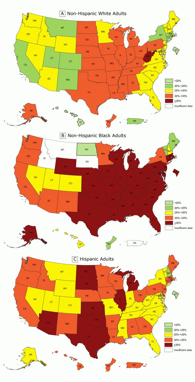 Prevalence of self-reported obesity among non-Hispanic white, non-Hispanic black, and Hispanic adults, by state and territory, Behavioral Risk Factor Surveillance System, 2015–2017. Obesity was defined as a body mass index of 30 or higher based on self-reported weight in kilograms divided by the square of the height in meters. Prevalence estimates reflect changes in BRFSS methods that started in 2011. These estimates should not be compared to prevalence estimates before 2011. Areas are indicated as having insufficient data if they had a sample size of less than 50 or a relative standard error (dividing the standard error by the prevalence) of 30&#37; or more.