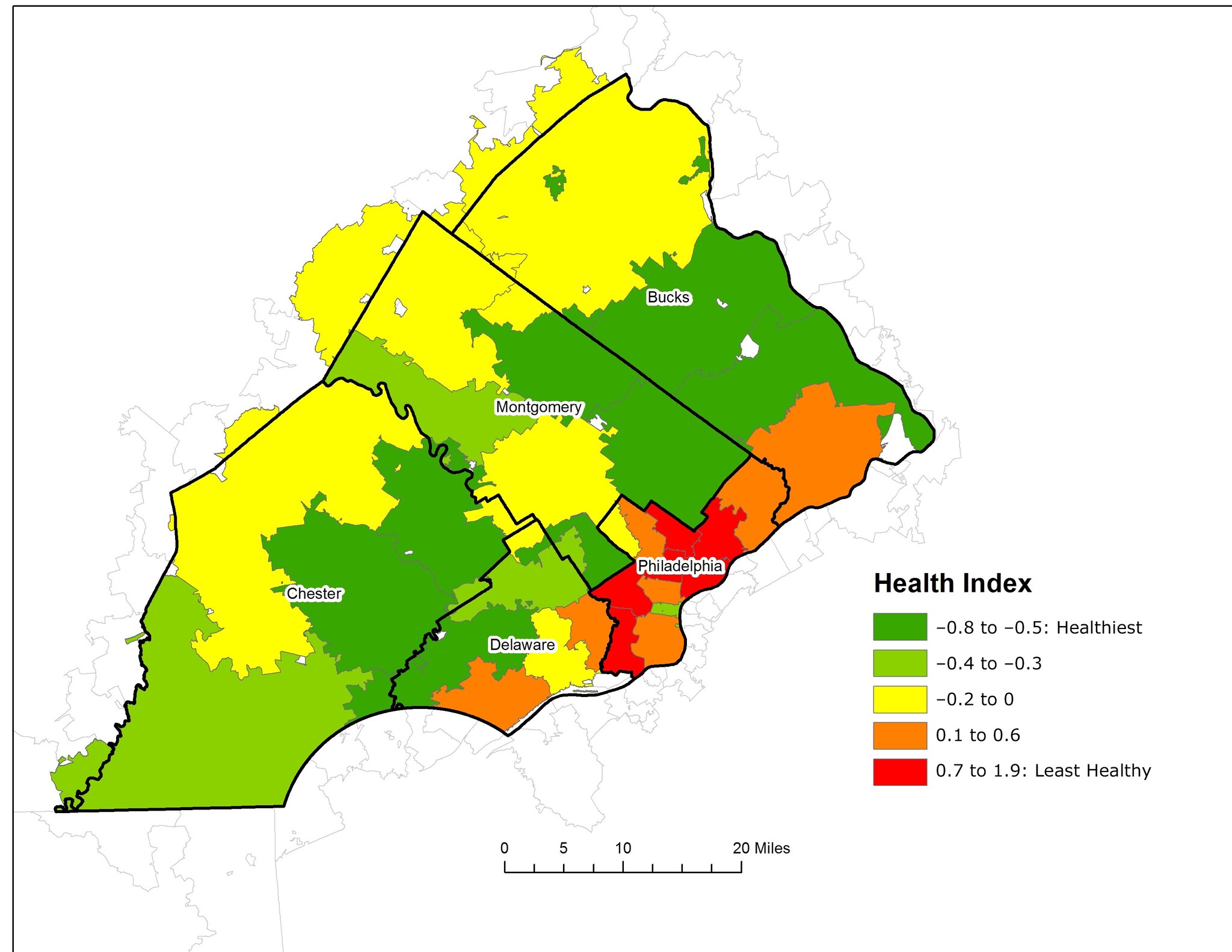 The Health Index by zip region (n = 31), southeastern Pennsylvania, 2016. Data sources: PHMC Household Health Survey and American Communities Survey, 5-Year Estimates 2011–2015.
