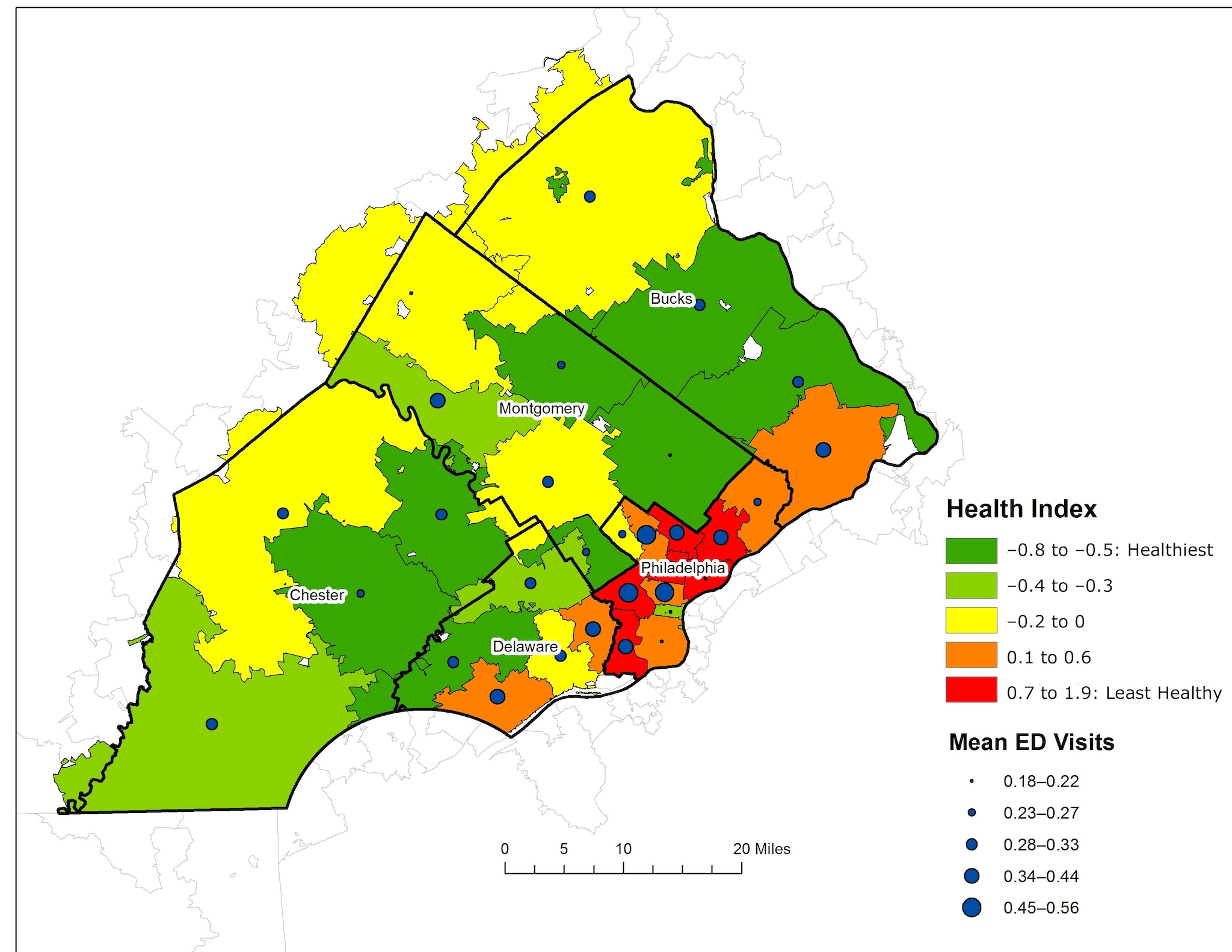 Mean number of emergency department visits by the Health Index among adults that live in zip regions in southeastern Pennsylvania. Abbreviation: ED, emergency department. Data sources: PHMC Household Health Survey and American Communities Survey, 5-Year Estimates 2011–2015.