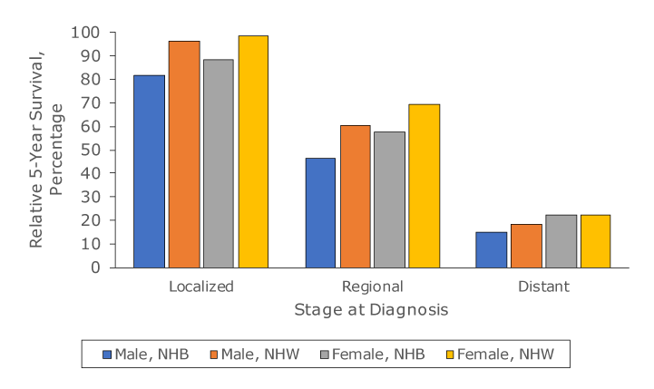 Five-year relative survival rate of melanoma (percentage of people diagnosed with melanoma alive 5 years following diagnosis) among non-Hispanic black (NHB) and non-Hispanic white (NHW) populations, by stage at diagnosis, United States, 2011–2015. 