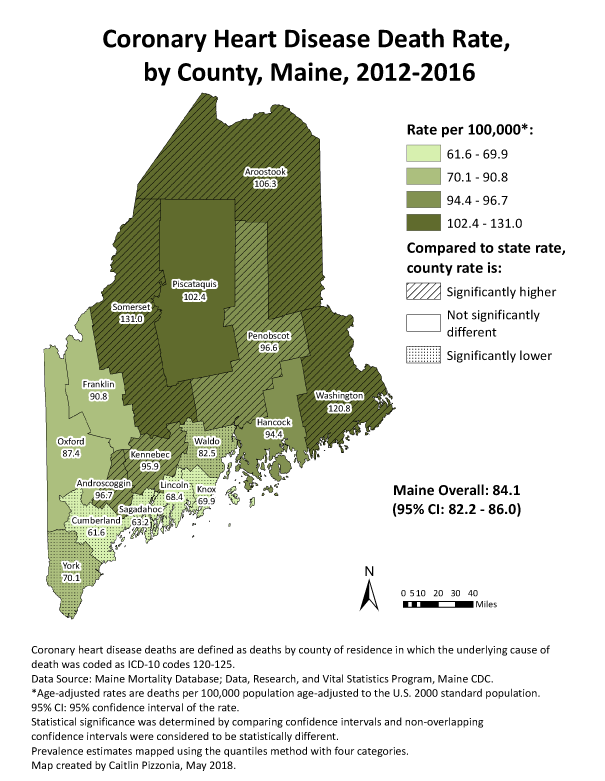 GIS map generated by the Maine Center for Disease Control and Prevention to show distribution of coronary heart disease death rates by county. Abbreviation: CI, confidence interval.