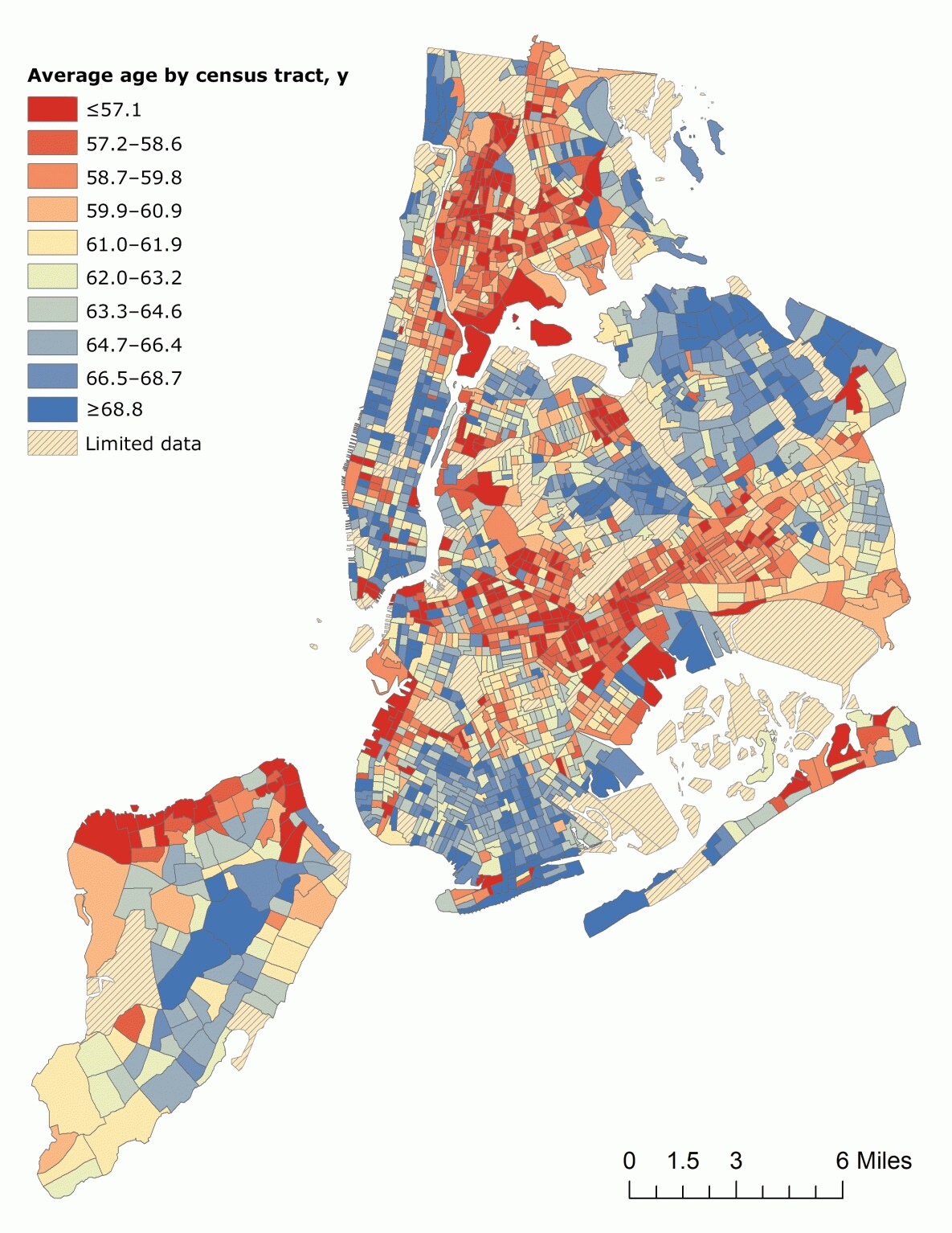 Average age of patients with type 2 diabetes, by census tract, among 576,306 unique patients aged 10 to 100 years who had visited an emergency department at least once from 2011 through 2015 in New York City. Data source: New York State Department of Health Statewide Planning and Research Cooperative System (18). 