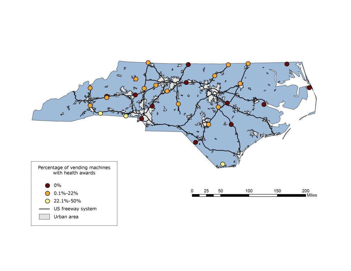 Map of highway rest area locations serving food and/or beverages in vending machines, North Carolina (N = 30). Each location was categorized as bronze, silver, gold, or no award, on the basis of criteria established by the Nutrition Environment Measures Survey–Vending (11). US Census Bureau–designated urban areas and the US freeway road network are also indicated.