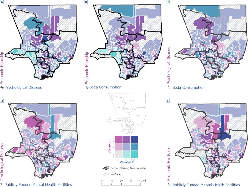 Geospatial comparison of community-level economic hardship, soda consumption, psychological distress, and availability of publicly funded mental health facilities in Los Angeles County, 2014–2018. Abbreviation: Int, intermediate.