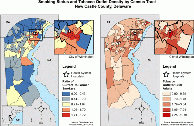 Two maps of New Castle County, Delaware depict, at the census tract level, tobacco outlet density as the number of tobacco outlets per 1,000 adults, alongside a ratio of current to former smokers identified from a hospital-based population. Comparison shows that census tracts with higher tobacco outlet density tend to have more current smokers relative to former smokers, especially in northeast New Castle County. This effect is pronounced in the city of Wilmington, which has a higher tobacco outlet density and ratio of current to former smokers compared to the county as a whole.