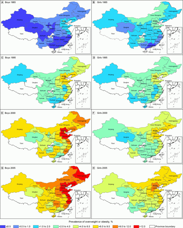 Differences in the prevalence of overweight/obesity among children and adolescents in the 30 mainland provinces of China in 1985, 1995, 2000, and 2005. Data were stratified by sex and year. Data were derived from 4 waves of the Chinese National Survey on Student’s Constitution and Health (5). Areas with no color were not included in the survey. Overweight/obesity was defined as body mass index ≥85th percentile (6). 