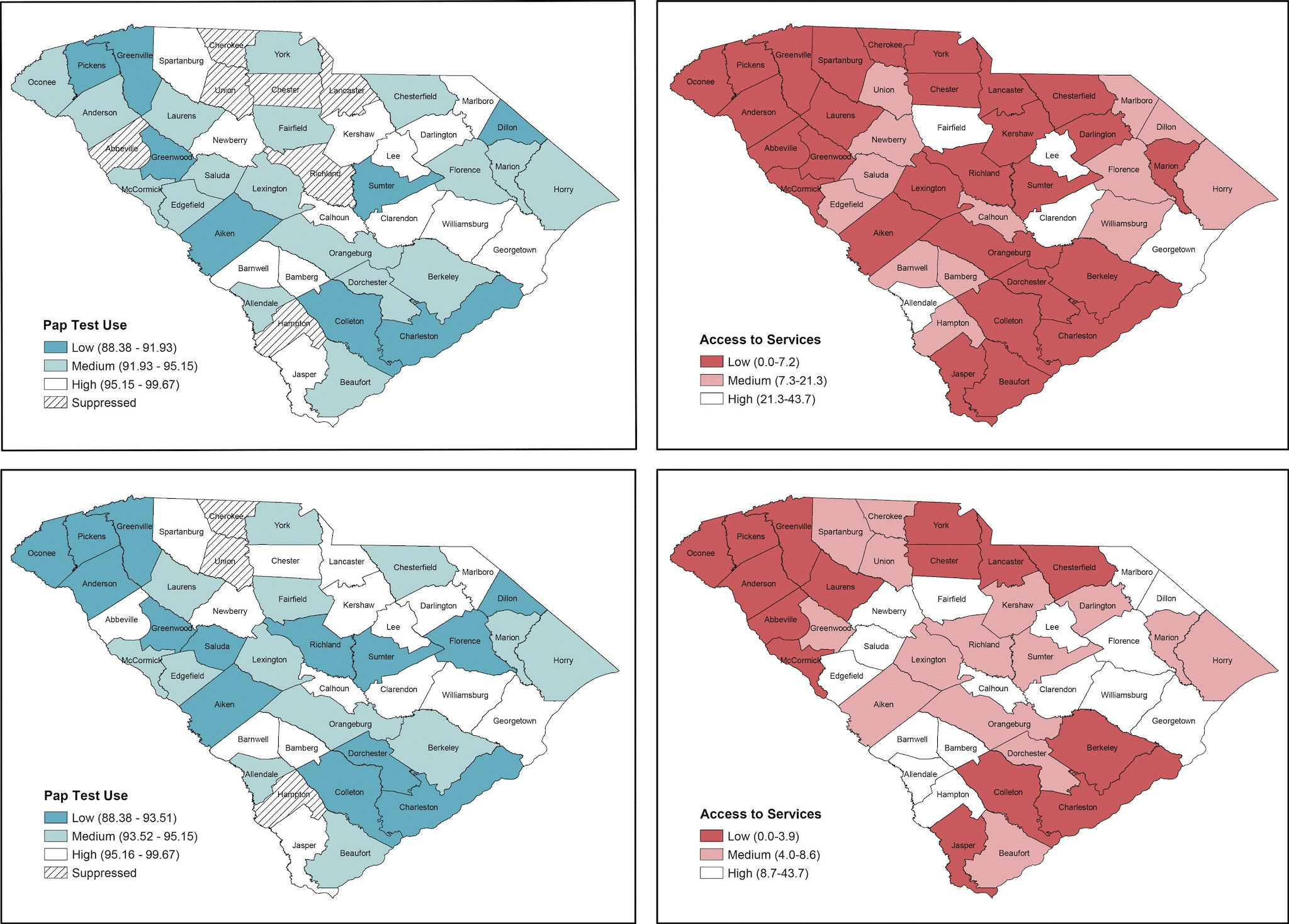 Choropleth maps displaying different classification methods for Papanicolaou (Pap) test use and Breast and Cervical Cancer Early Detection Program (BCCEDP) cervical cancer screening availability. Map A, Pap test use with 3 natural breaks classification; Map B, BCCEDP cervical cancer screening availability using 3 natural breaks classification; Map C, Pap test use using quantile (tertile) classification; Map D, BCCEDP availability using quantile (tertile) classification.