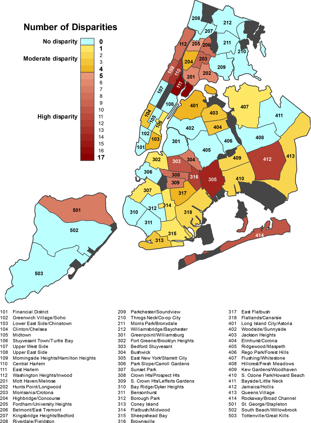 Map of New York City community districts by number of disparities relative to their borough. The map shows the 59 community districts and the disparity group of each district. Within the moderate and high disparity groups, darker colors indicate community districts with a greater number of health disparities.